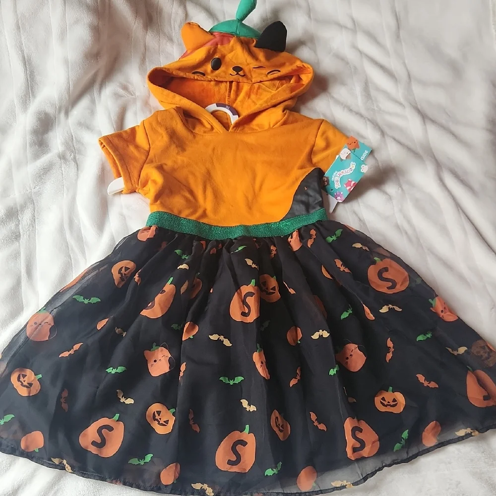 Halloween, Youth Girl Orange Black Cat Soft Squishmallows Pumkin Layered Dress